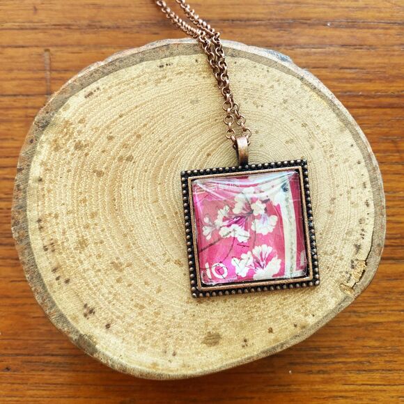 Vintage Pink Japanese Cherry Blossom Stamp Square Pendant Necklace - Picture 4 of 4